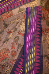 Brown Kota Doria Saree with Floral Prints & Vidarba Border