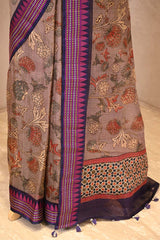 Brown Kota Doria Saree with Floral Prints & Vidarba Border