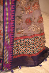 Brown Kota Doria Saree with Floral Prints & Vidarba Border