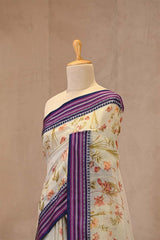 Sage Green Kota Doria Saree with Floral Bird Print and Purple Border