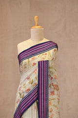 Sage Green Kota Doria Saree with Floral Bird Print and Purple Border