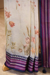 Sage Green Kota Doria Saree with Floral Bird Print and Purple Border