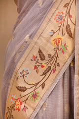 Lavender Paithani Inspired Katan Kota Saree with Gold Zari Checks