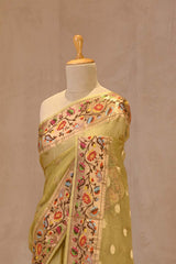 Olive Green Paithani Inspired Katan Kota Saree with Gold Zari Checks