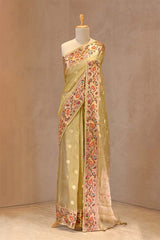 Olive Green Paithani Inspired Katan Kota Saree with Gold Zari Checks and Circular Buti