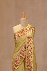 Olive Green Paithani Inspired Katan Kota Saree with Gold Zari Checks
