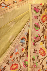 Olive Green Paithani Inspired Katan Kota Saree with Gold Zari Checks