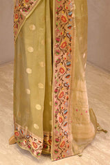 Olive Green Paithani Inspired Katan Kota Saree with Gold Zari Checks