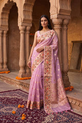 Pink Paithani Inspired Katan Kota Saree with Gold Zari Checks