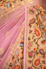 Pink Paithani Inspired Katan Kota Saree with Gold Zari Checks