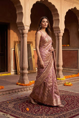 Rust Mauve Rangkat Kota Katan Saree with Water Gold Zari Leheriya Stripes