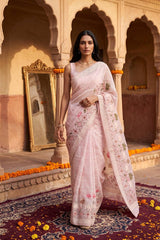 Baby Pink Kota Doria Saree with Pichwai Motifs and Resham Border