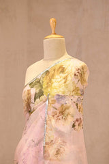 Baby Pink Kota Doria Saree with Floral Butterfly Print and Lace Border