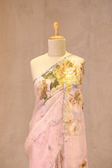 Baby Pink Kota Doria Saree with Floral Butterfly Print and Lace Border