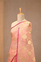 Peach Kota Cotton Saree with Gold Zari Floral Buta