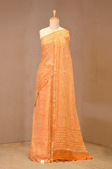Yellow Kota Doria Saree with Leheriya Block Print and Mirror Work
