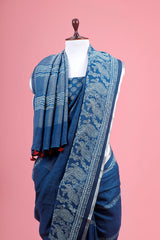 Navy Blue Floral Printed Linen Saree