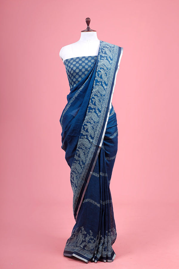 Blue Printed Linen Saree By Chinaya Banaras