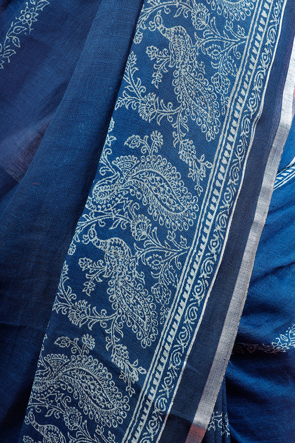 Navy Blue Floral Printed Linen Saree