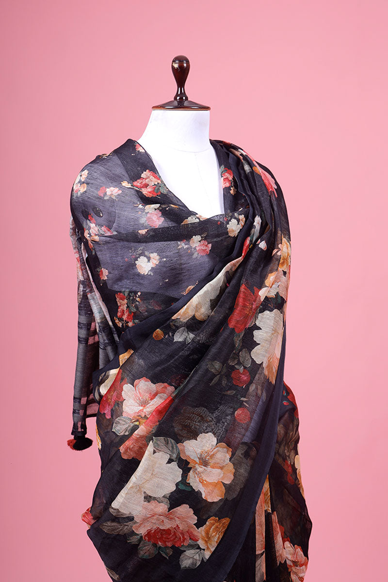 Black Floral Printed Linen Saree