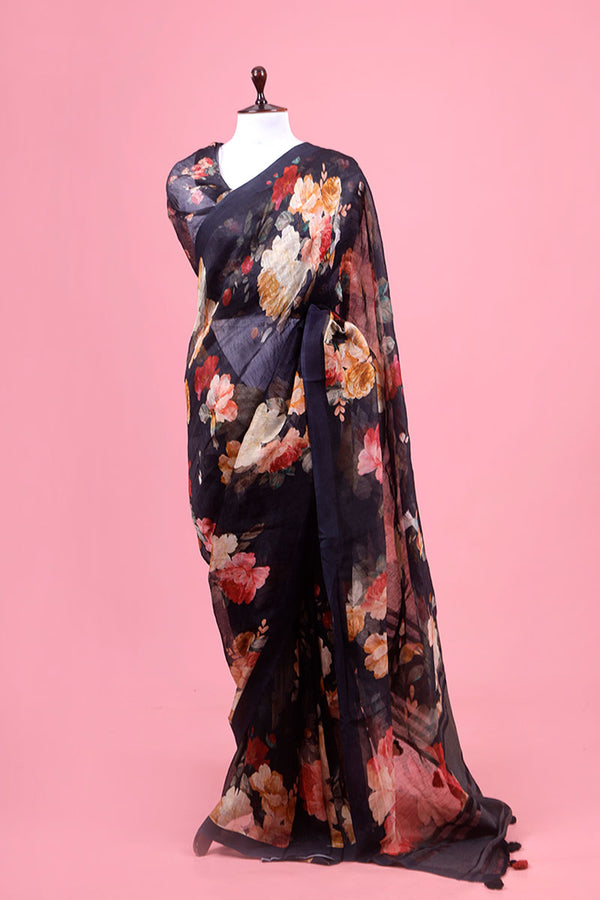 Black Floral Printed Linen Saree By Chinaya Banaras