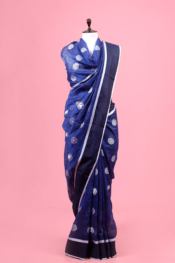 Blue Woven Linen Saree By Chinaya Banaras