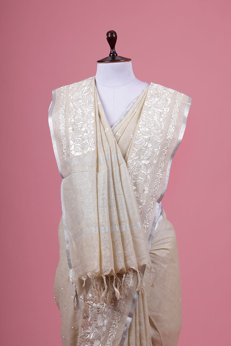 Creamy White Embroidered Linen Saree
