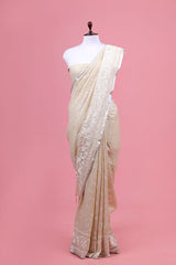 Creamy White Embroidered Linen Saree By Chinaya Banaras