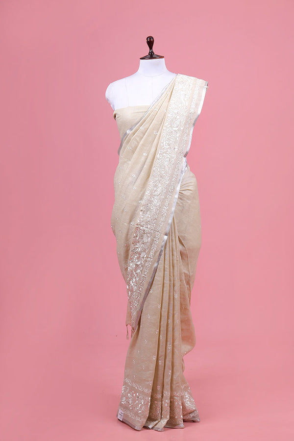 Creamy White Embroidered Linen Saree By Chinaya Banaras