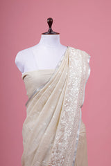 Creamy White Embroidered Linen Saree