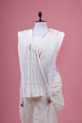 White Applique Embroidered Linen Saree