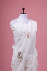 White Applique Embroidered Linen Saree