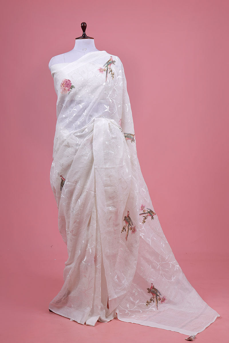 White Applique Embroidered Linen Saree By Chinaya Banaras