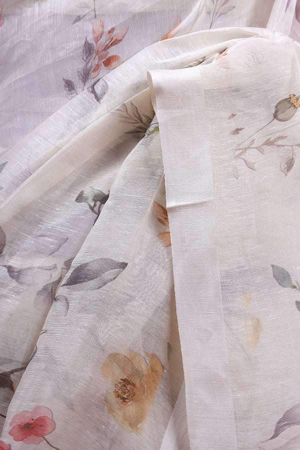 White Floral Printed Linen Saree