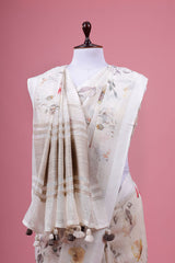 White Floral Printed Linen Saree