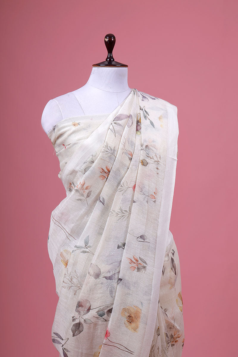 White Floral Printed Linen Saree