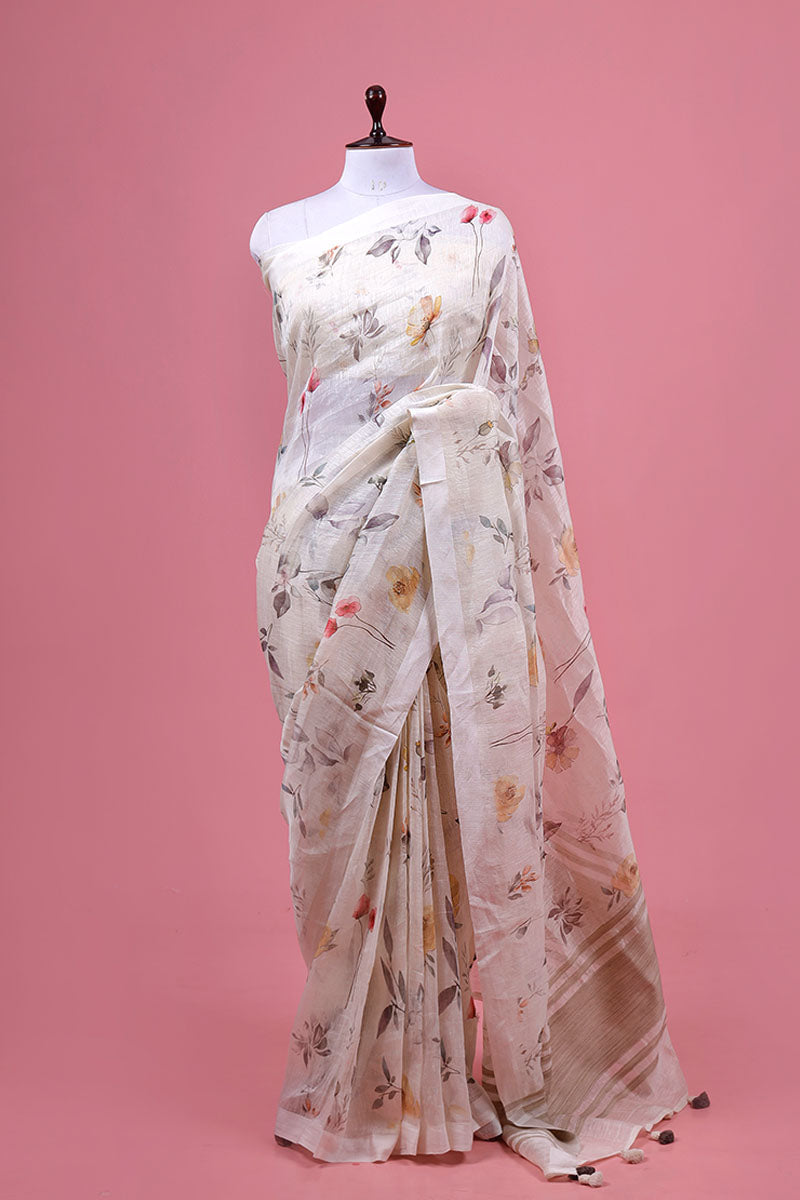 White Floral Printed Linen Saree By Chinaya Banaras