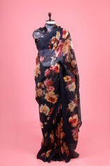 Black Floral Printed Linen Saree By Chinaya Banaras