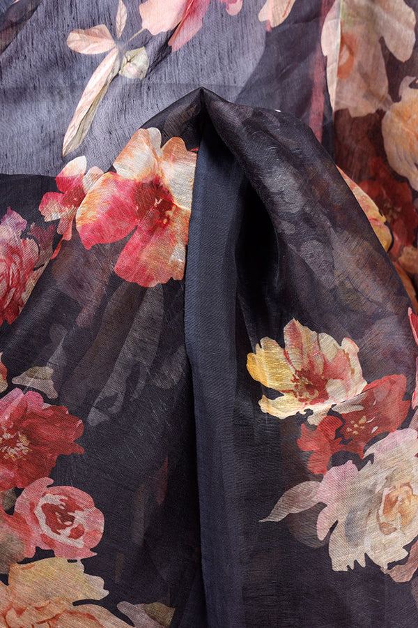 Dark Black Floral Printed Linen Saree