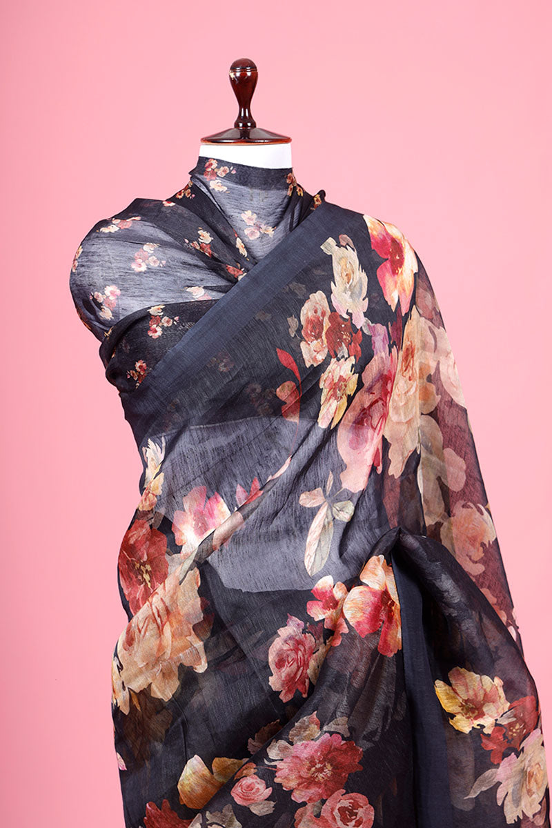 Dark Black Floral Printed Linen Saree