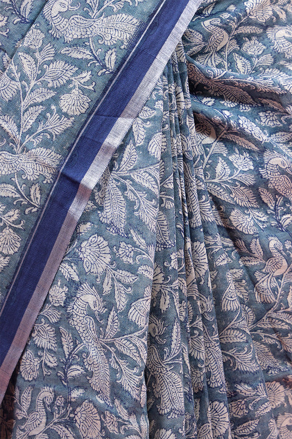 Indigo Blue Block Printed Linen Saree