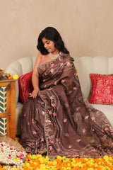 Cocoa Brown Linen Silk Saree with Resham Woven Marine Motifs