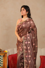 Cocoa Brown Linen Silk Saree with Resham Woven Marine Motifs