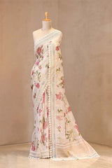 White Linen Saree with Multicolor Floral Print & Lace Border