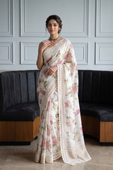 White Linen Saree with Multicolor Floral Print & Lace Border