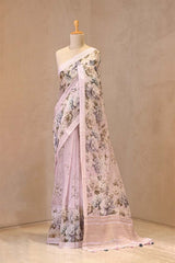 Lilac Linen Saree with Digital Floral Prints