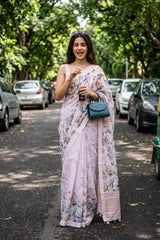 Lilac Linen Saree with Digital Floral Prints