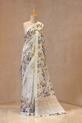 Aqua Blue Linen Saree with Digital Floral Prints