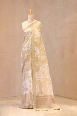 Olive Green Linen Saree with Digital Floral Print