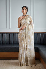 Olive Green Linen Saree with Digital Floral Print